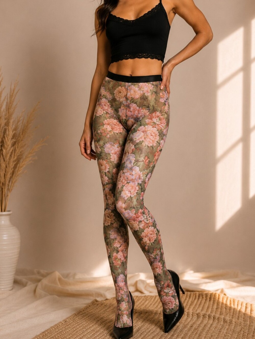 NWT Urban Outfitters Floral Boho Tights Pink Olive Mesh Leggings Cottagecore
